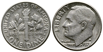 США 10 ЦЕНТОВ = 1 ДАЙМ 1979 D, РУЗВЕЛЬТ KM 195а медь плакированная медно-никелем 73-1763