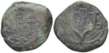 Иудея, династия Хасмонеев прута 64 - 40 гг. до н.э. Иоанн Гиркан II, легенда на иврите в пять строк 'Иоханан, Первосвященник и Глава Синедриона' в венке / два рога изобилия, гранатовый плод, Иерусалим Hendin 1159 медь 1073-21-61