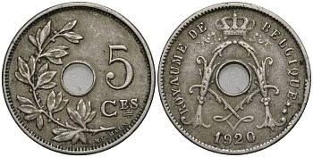 БЕЛЬГИЯ 5 САНТИМОВ 1920 BELGIQUE, АЛЬБЕРТ I (1909-1934) KM 66 медно-никель 4548-1244