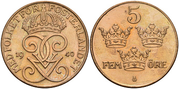 Швеция 5 эре 1940 Густав V (1907-1950) KM 779.2 бронза 4148-236