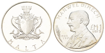 Мальта 1 лира 1972 Мануэль Димех KM 13 серебро BU 4178-1024
