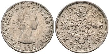 Великобритания 6 пенсов 1967 Елизавета II (1952-2022) KM 903, Spink 4149 медно-никель 75-1547