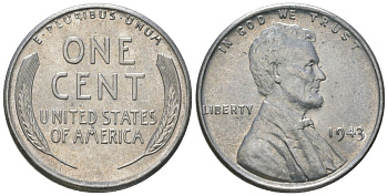 США 1 цент 1943 Авраам Линкольн KM 132 a сталь покрытая цинком aUNC 112-624