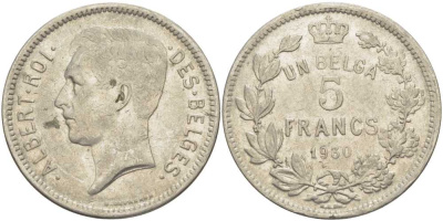 БЕЛЬГИЯ 5 ФРАНКОВ 1930 АЛЬБЕРТ I, DES BELGES KM 97.1 никель 3851-125