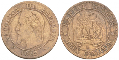 ФРАНЦИЯ 2 САНТИМА 1862 К, НАПОЛЕОН III (1852-1870) KM 796.6 бронза 3955-164
