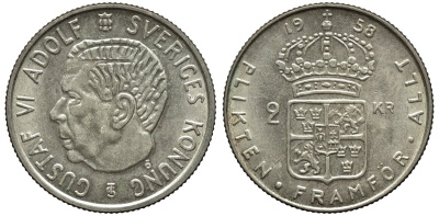 Швеция 2 кроны 1958 TS, Густав VI Адольф (1950-1973) KM 827 серебро 00-00