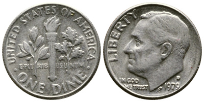 США 10 ЦЕНТОВ = 1 ДАЙМ 1979 D, РУЗВЕЛЬТ KM 195а медь плакированная медно-никелем 73-1763