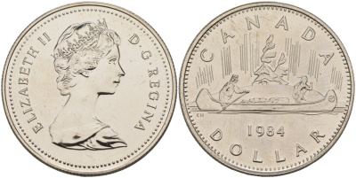 Канада 1 доллар 1984 Елизавета II (1952-2022), каноэ KM 120.1 никель UNC 189-113