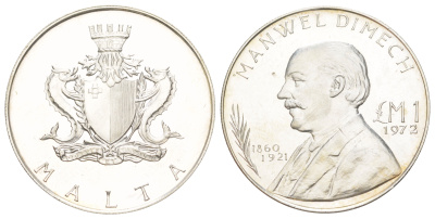 Мальта 1 лира 1972 Мануэль Димех KM 13 серебро BU 4178-1024