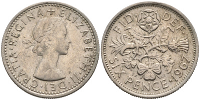 Великобритания 6 пенсов 1967 Елизавета II (1952-2022) KM 903, Spink 4149 медно-никель 75-1547