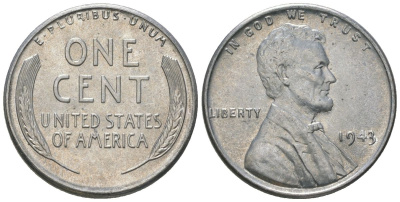 США 1 цент 1943 Авраам Линкольн KM 132 a сталь покрытая цинком aUNC 112-624