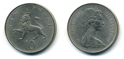 Великобритания 10 пенсов 1968 Елизавета II (1952-2022) KM 912, Spink 4231 (F1) медно-никель 4110-1113