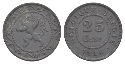 Бельгия 25 сантимов 1915 германская оккупация Первая мировая война, Альберт I (1909-1934) KM 82 цинк 4156-526