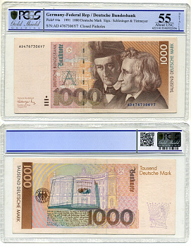 ФРГ 1000 марок 1991 братья Гримм, в слабе PCGS 55 About UNC Pick 44а бумага UNC (пресс) 10-2-5