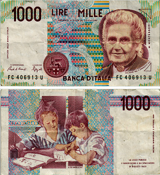 Италия 1000 лир 1990 Мария Монтессори Pick 114а бумага 8589-15-1-1