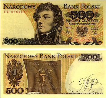 Польша 500 злотых 1982 Тадеуш Костюшко Pick 145 d бумага аUNC 8607-78-3-1