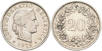 Швейцария 20 раппенов 1976 KM 29a медно-никель 55-952