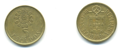 ПОРТУГАЛИЯ 5 ЭСКУДО 1990 KM 632 никель латунь 176-322