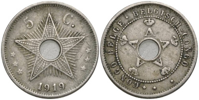 Бельгийское Конго 5 сантимов 1919 звезда KM 17 медно-никель 4549-1131