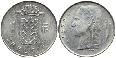 БЕЛЬГИЯ 1 ФРАНК 1970 BELGIE KM 143.1 медно-никель 4385-512