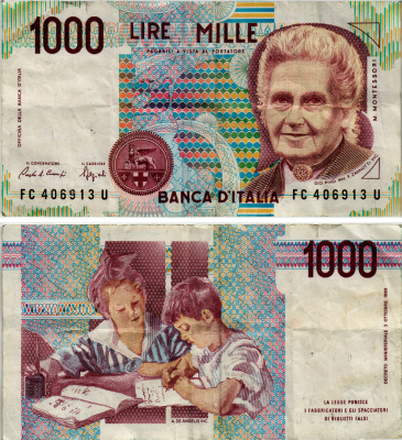 Италия 1000 лир 1990 Мария Монтессори Pick 114а бумага 8589-15-1-1