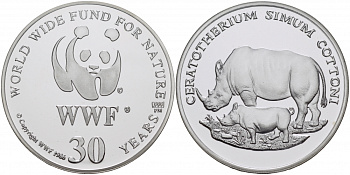 ЕВРОПА МЕДАЛЬ 1986 30 ЛЕТ WWF, НОСОРОГ, CERATOTHERIUM SIMUM COTTONI серебро PROOF 00-00