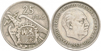 ИСПАНИЯ 25 ПЕСЕТ 1957 (58) ФРАНСИСКО ФРАНКО ДИКТАТОР ИСПАНИИ (1939-1975) KM 787 медно-никель 68-157