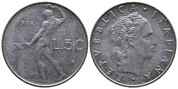 Италия 50 лир 1974 R, бог огня Вулкан у наковальни KM 95.1 нержавеющая сталь 85-113