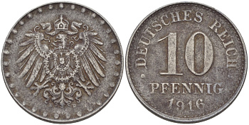 ГЕРМАНИЯ 10 ПФЕННИГОВ 1916 D, KM 20, J. 298 железо 28-435