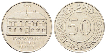 Исландия 50 крон 1968 50 лет независимости KM 16 никель UNC 4127-1531