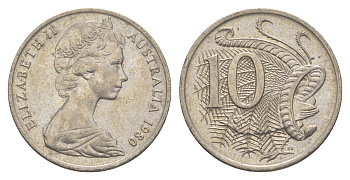 Австралия 10 центов 1980 Елизавета II (1952-2022), птица лирахвост KM 65 медно-никель aUNC 4364-1445