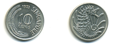 Сингапур 10 центов 1973 морской конек KM 3 медно-никель UNC 86-1144