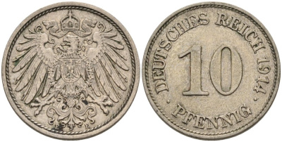 Германия 10 пфеннигов 1914 E KM 12, J. 13 медно-никель 4575-616