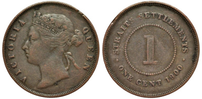 Стрейтс-Сетлментс 1 цент 1900 Виктория (1837-1901) KM 16 бронза 4565-543