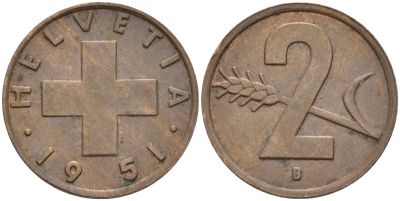 Швейцария 2 раппена 1951 В KM 47 бронза 4114-316