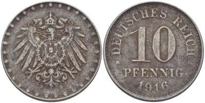 ГЕРМАНИЯ 10 ПФЕННИГОВ 1916 D, KM 20, J. 298 железо 28-435