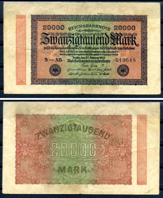 Германия 20000 марок 1923 20 февраля 1923, водяной знак L Pick 85 a бумага 8564-32-1-2
