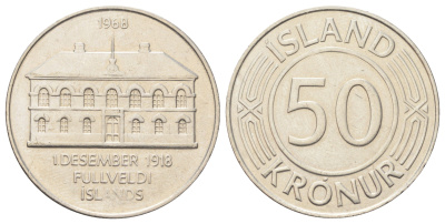 Исландия 50 крон 1968 50 лет независимости KM 16 никель UNC 4127-1531