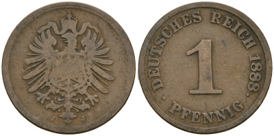 Германия 1 пфенниг 1888 J, Вильгельм I (1871-1888) KM 1, J. 1 медь 4547-653