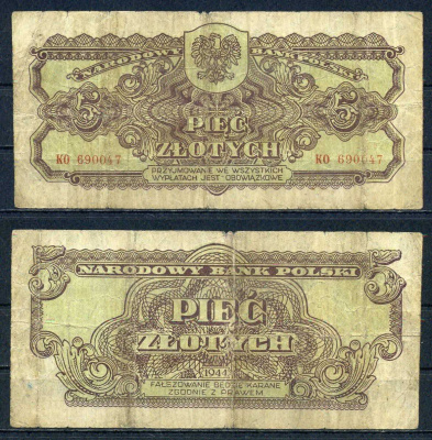 Польша 5 злотых 1944 OBOWIAZKOWE Pick 108 бумага 6283-15-1-1