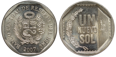 Перу 1 новый соль 2007 KM 308.4 медно-никель UNC 4605-224