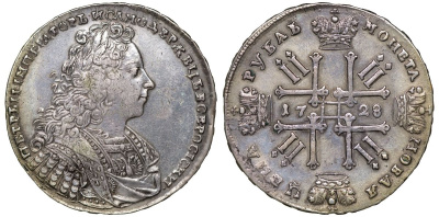 Россия 1 рубль 1728 Петр II (1727-1730), Московский монетный двор, со звездой на груди, в конце надписи точка Биткин 77 серебро 10-017-12