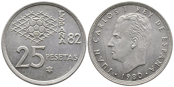 Испания 25 песет 1981 (80), чемпионат мира по футболу Испания 82 KM 818 медно-никель 4364-4223
