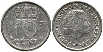 Нидерланды 10 центов 1951 Юлиана (1949-1980) KM 182 никель 4609-744