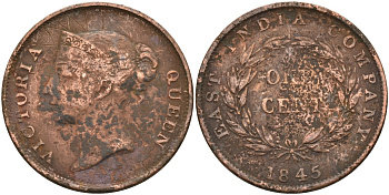 Стрейтс-Сетлментс 1 цент 1845 Виктория (1837-1901), Ост-Индская компания KM 3 медь 4590-141