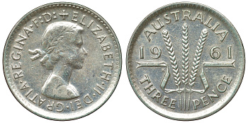 Австралия 3 пенса 1961 m, Елизавета II (1952-2022) KM 57 серебро 71-732