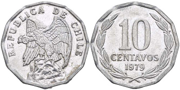 Чили 10 сентаво 1979 KM 205a алюминий 4402-434