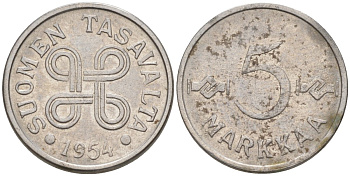 Финляндия 5 марок 1954 KM 37а никелированное железо 187-445