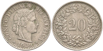ШВЕЙЦАРИЯ 20 РАППЕНОВ 1939 В KM 29a медно-никель 55-653
