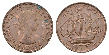 Великобритания 1/2 пенни 1967 Елизавета II (1952-2022) KM 896, Spink 4158 бронза 4663-131
